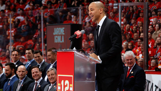 CALGARY, AB - MARCH 2: Jarome Iginla #12 of the Calgary Flames speaks to the crowd during his jersey retirement against the Minnesota Wild on March 2 18, 2019 at the Scotiabank Saddledome in Calgary, Alberta, Canada.