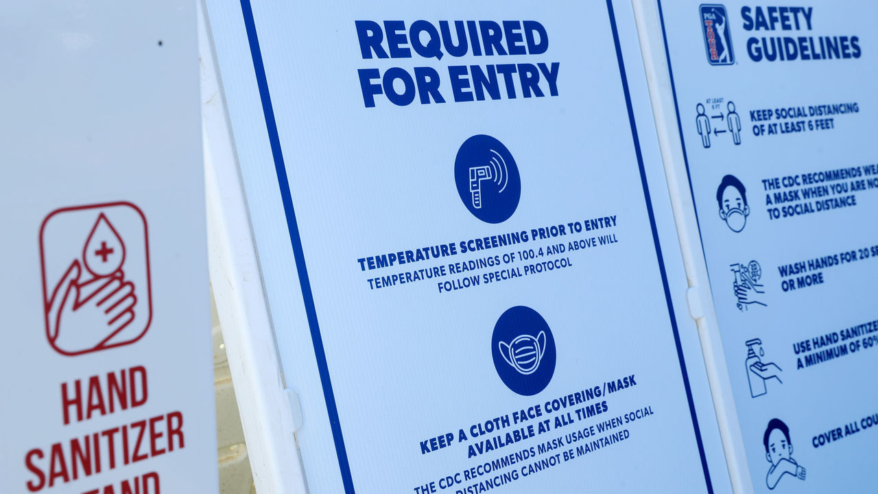 CROMWELL, CONNECTICUT - JUNE 24: Signs providing COVID-19 precautions on the grounds of TPC River Highlands during a practice round of the Travelers Championship on June 24, 2020 in Cromwell, Connecticut.