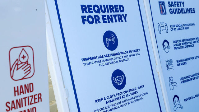 CROMWELL, CONNECTICUT - JUNE 24: Signs providing COVID-19 precautions on the grounds of TPC River Highlands during a practice round of the Travelers Championship on June 24, 2020 in Cromwell, Connecticut.