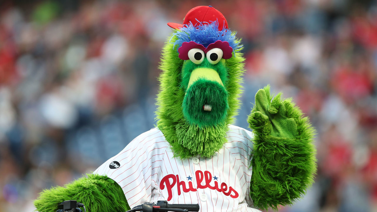 PHILADELPHIA, PA - AUGUST 30: The Phillie Fanatic of the Philadelphia Phillies looks on before the game against the New York Mets at Citizens Bank Park on August 30, 2019 in Philadelphia, PA. The Mets defeated the Phillies 11-5.