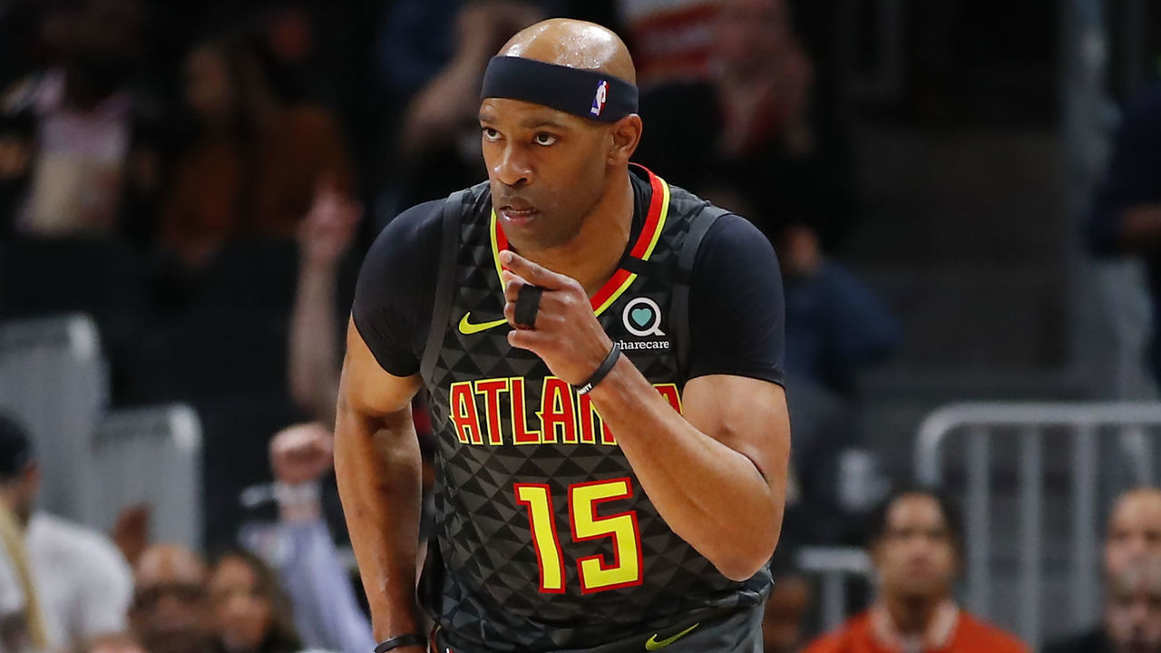 ATLANTA, GA - MARCH 09: Vince Carter #15 of the Atlanta Hawks reacts after shooting a three pointer during the first half of an NBA game against the Charlotte Hornets at State Farm Arena on March 9, 2020 in Atlanta, Georgia. NOTE TO USER: User expressly acknowledges and agrees that, by downloading and/or using this photograph, user is consenting to the terms and conditions of the Getty Images License Agreement.