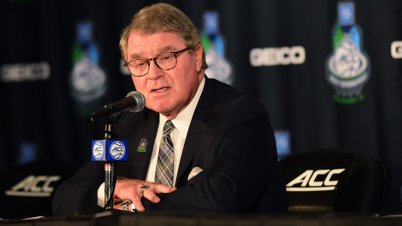 GREENSBORO, NORTH CAROLINA - MARCH 12: ACC Commissioner John Swofford speaks with the media prior to the quarterfinals round of the 2020 Men's ACC Basketball Tournament at Greensboro Coliseum on March 12, 2020 in Greensboro, North Carolina. Swofford addressed the Coronavirus (COVID-19) and the impact it will have on the remainder of the ACC Tournament.