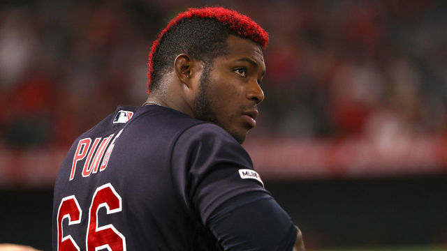 ANAHEIM, CALIFORNIA - SEPTEMBER 09: Yasiel Puig #66 of the Cleveland Indians looks on during the fourth inning of the MLB game between the Cleveland Indians and the Los Angeles Angels at Angel Stadium of Anaheim on September 09, 2019 in Anaheim, California. The Indians defeated the Angels 6-2.