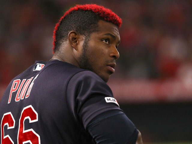 ANAHEIM, CALIFORNIA - SEPTEMBER 09: Yasiel Puig #66 of the Cleveland Indians looks on during the fourth inning of the MLB game between the Cleveland Indians and the Los Angeles Angels at Angel Stadium of Anaheim on September 09, 2019 in Anaheim, California. The Indians defeated the Angels 6-2.
