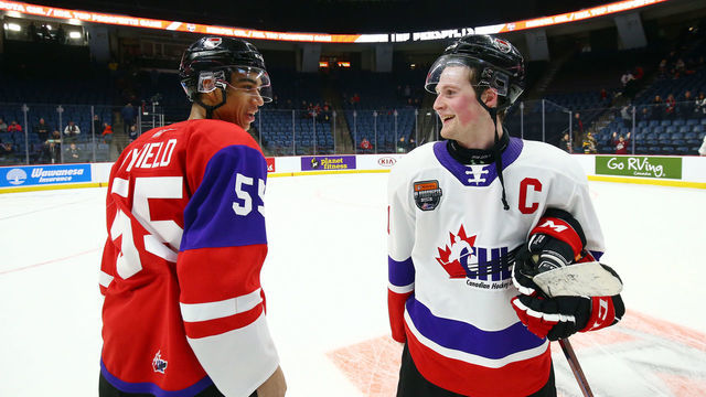 HAMILTON, ON - JANUARY 16: Alexis Lafreniere #11 of Team White and Quinton Byfield #55 of Team Red talk following the final whistle of the 2020 CHL/NHL Top Prospects Game at FirstOntario Centre on January 16, 2020 in Hamilton, Canada.