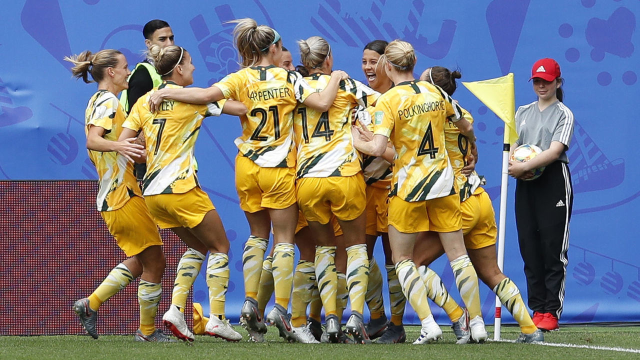 VALENCIENNES, FRANCE - JUNE 09: Sam Kerr #20 of Australia celebrates her goal with her teammates during the 2019 FIFA Women's World Cup France group C match between Australia and Italy at Stade du Hainaut on June 9, 2019 in Valenciennes, France.