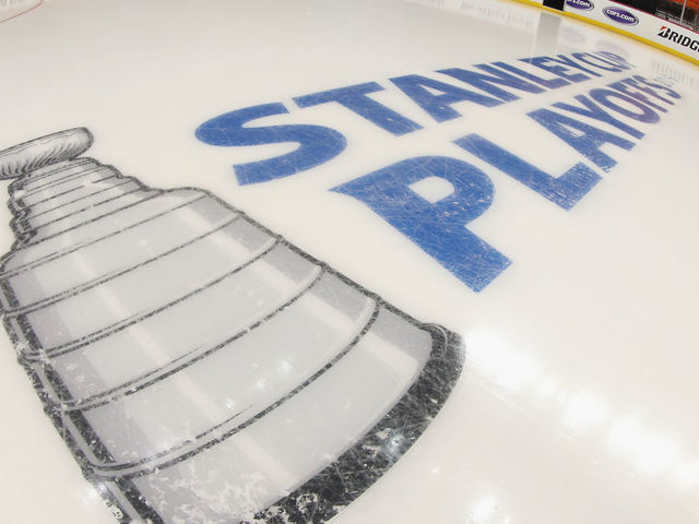 NEW YORK, NEW YORK - APRIL 28: A general view of the in-ice logo prior to the game between the New York Islanders and the Carolina Hurricanes in Game Two of the Eastern Conference Second Round during the 2019 NHL Stanley Cup Playoffs at the Barclays Center on April 28, 2019 in the Brooklyn borough of New York City.