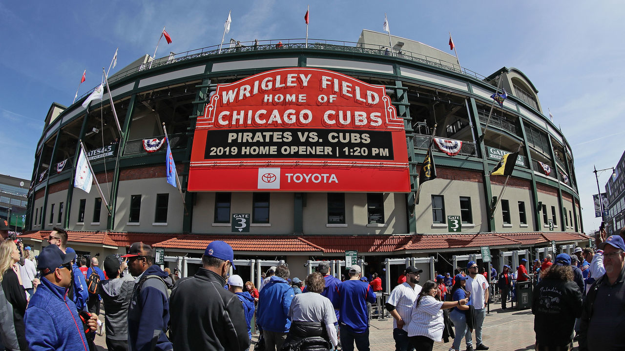 CHICAGO, ILLINOIS - APRIL 08: A general view as fans enter Wrigley Field before the opening home game between the Chicago Cubs and the Pittsburgh Pirates on April 08, 2019 in Chicago, Illinois.