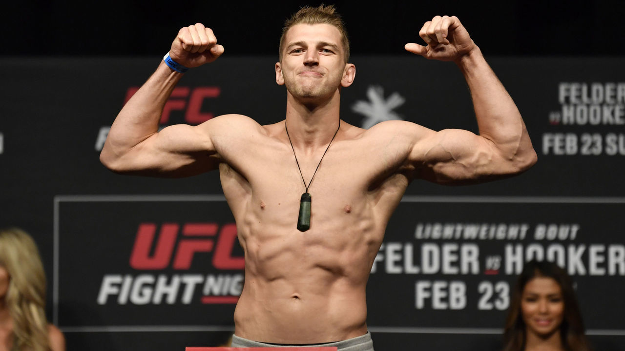 AUCKLAND, NEW ZEALAND - FEBRUARY 22: Dan Hooker of New Zealand poses on the scale during the UFC weigh-in at Spark Arena on February 22, 2020 in Auckland, New Zealand.