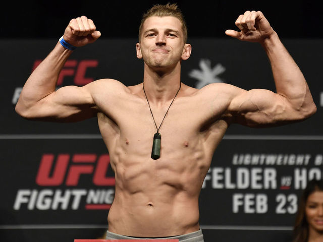 AUCKLAND, NEW ZEALAND - FEBRUARY 22: Dan Hooker of New Zealand poses on the scale during the UFC weigh-in at Spark Arena on February 22, 2020 in Auckland, New Zealand.