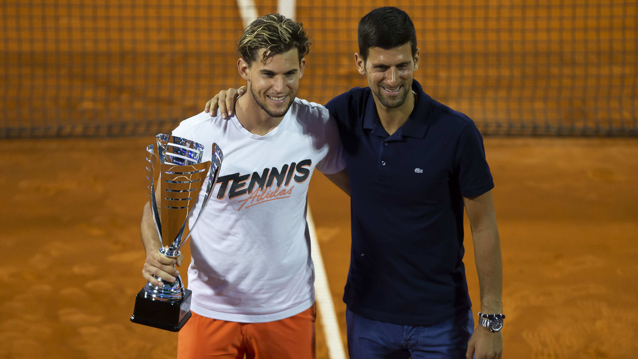 BELGRADE, SERBIA - JUNE 14: Dominic Thiem of Austria and Novak Djokovic of Serbia posing for photographers after the final match on June 14, during the 3rd day of Summer Adria Tour, 2020 in Belgrade, Serbia.