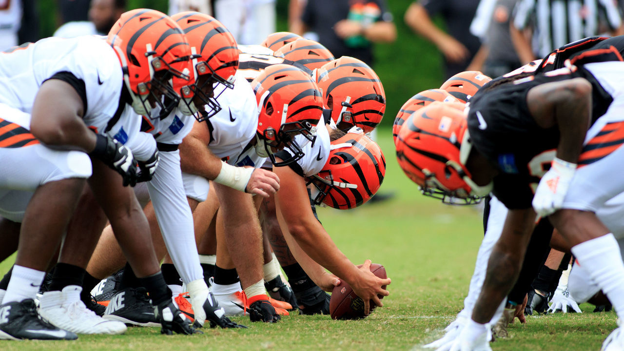CINCINNATI, OHIO - AUGUST 12: The Cincinnati Bengals during the Bengals training camp at Paul Brown Stadium on August 12, 2019 in Cincinnati, Ohio.