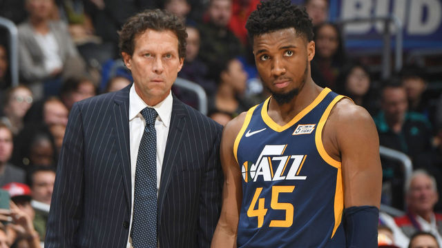 LOS ANGELES, CA - DECEMBER 28: Head Coach Quin Snyder of the Utah Jazz and Donovan Mitchell #45 look on during the game against the LA Clippers on December 28, 2019 at STAPLES Center in Los Angeles, California. NOTE TO USER: User expressly acknowledges and agrees that, by downloading and/or using this Photograph, user is consenting to the terms and conditions of the Getty Images License Agreement. Mandatory Copyright Notice: Copyright 2019 NBAE