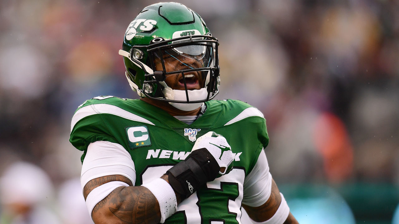 EAST RUTHERFORD, NEW JERSEY - NOVEMBER 24: Jamal Adams #33 of the New York Jets reacts after sacking Derek Carr #4 of the Oakland Raiders during the first half of their game at MetLife Stadium on November 24, 2019 in East Rutherford, New Jersey.