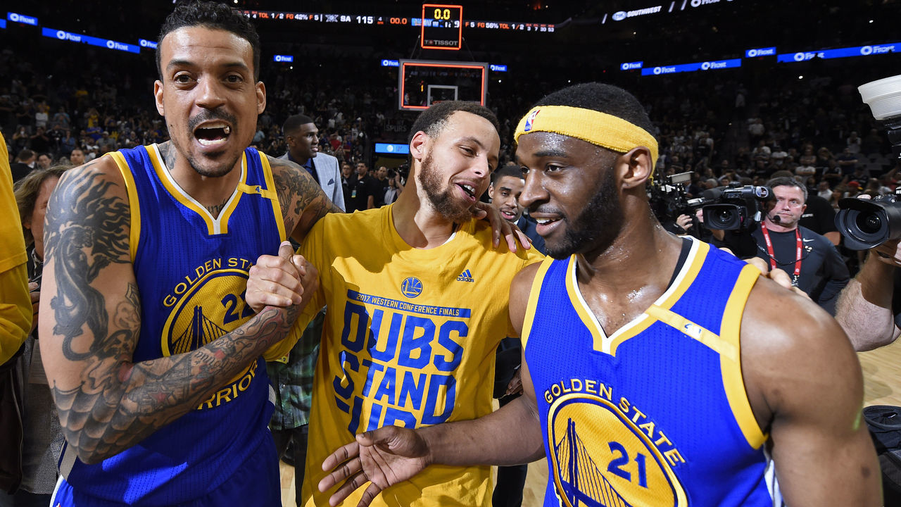 Golden State Warriors' Matt Barnes (22), Golden State Warriors' Stephen Curry (30) and Golden State Warriors' Ian Clark (21) celebrate winning Game 4 of the NBA Western Conference Finals at AT&T Center in San Antonio, Texas, on Monday, May 22, 2017. Golden State Warriors defeat the San Antonio Spurs 129-115 to win the NBA Western Conference Final. (Jose Carlos Fajardo/Bay Area News Group)
