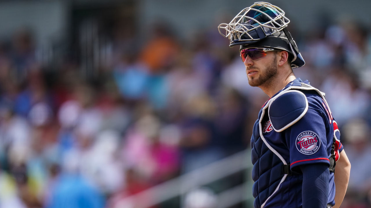 NORTH PORT, FL- FEBRUARY 25: Mitch Garver #8 of the Minnesota Twins looks on during a spring training game against the Atlanta Braves on February 25, 2020 at CoolToday Park in North Port, Florida.