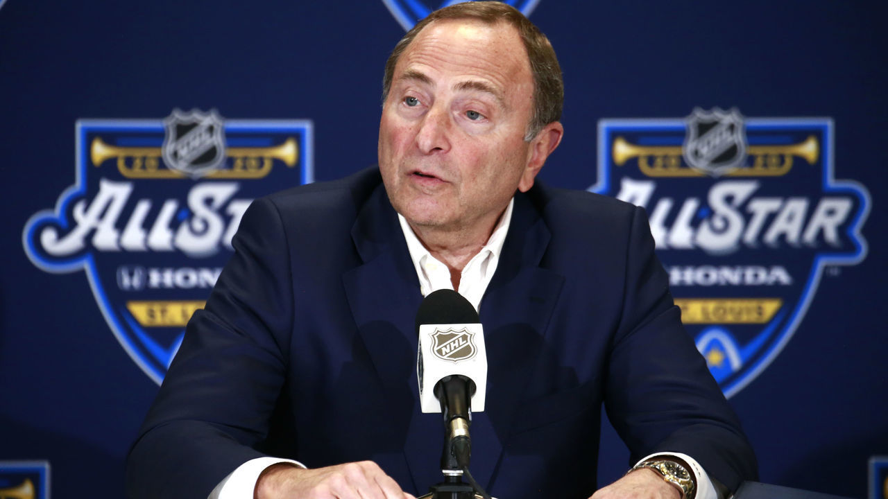 ST LOUIS, MISSOURI - JANUARY 24: NHL Commissioner Gary Bettman speaks to the media prior to the start of the 2020 NHL All-Star Skills competition at Enterprise Center on January 24, 2020 in St Louis, Missouri.