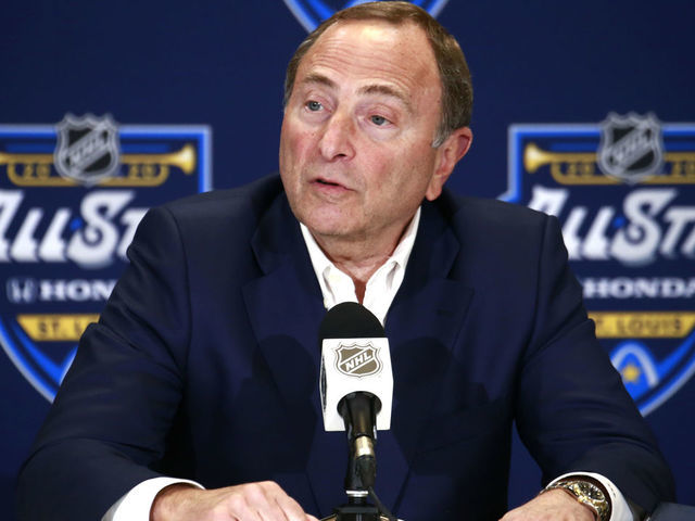 ST LOUIS, MISSOURI - JANUARY 24: NHL Commissioner Gary Bettman speaks to the media prior to the start of the 2020 NHL All-Star Skills competition at Enterprise Center on January 24, 2020 in St Louis, Missouri.