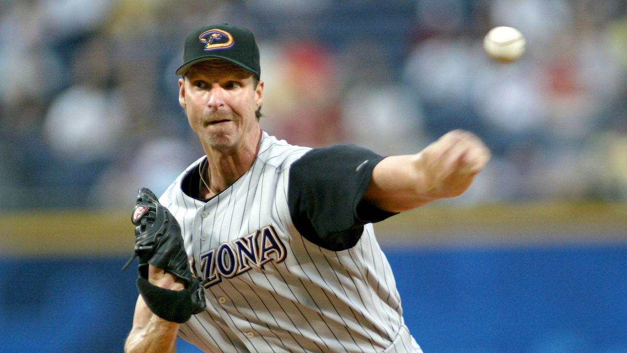 Arizona's #51 Randy Johnson becomes the oldest pitcher to throw a perfect game at 40 as he completed the task against the Braves May 18, 2004, at Turner Field, in Atlanta, Georgia.