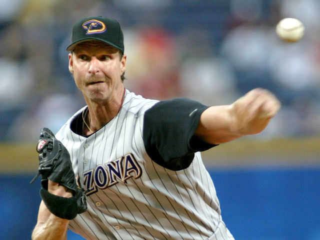 Arizona's #51 Randy Johnson becomes the oldest pitcher to throw a perfect game at 40 as he completed the task against the Braves May 18, 2004, at Turner Field, in Atlanta, Georgia.
