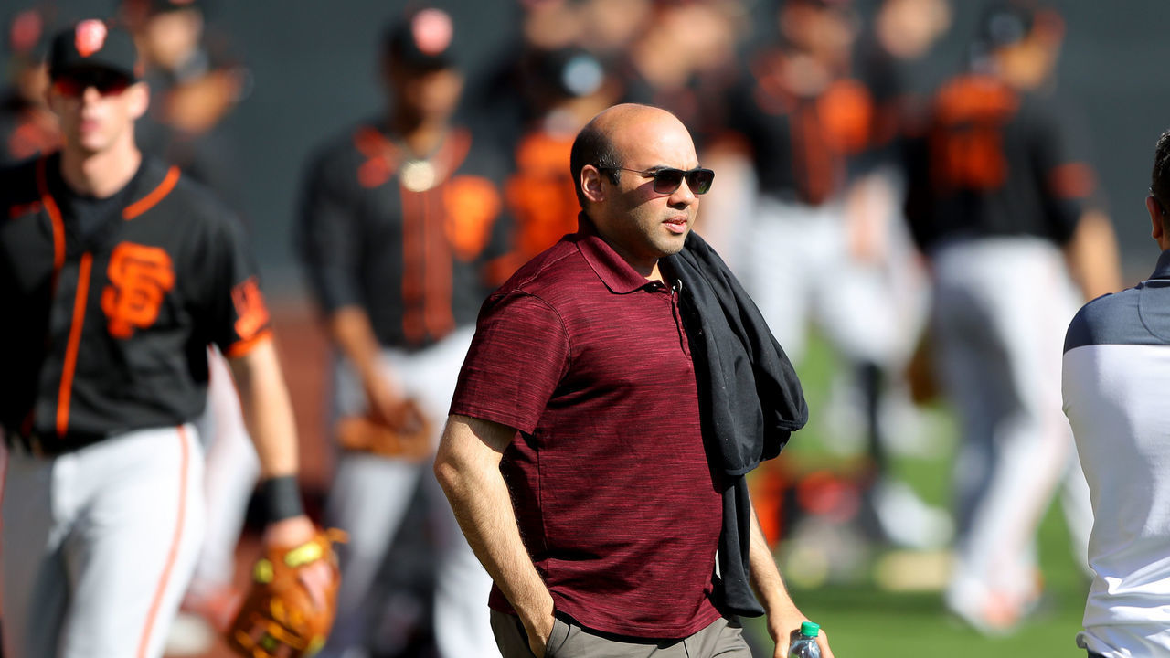 SCOTTSDALE, AZ - FEBRUARY 18: General Manager Farhan Zaidi of the San Francisco Giants looks on during a workout on Tuesday, February 18, 2020 at Scottsdale Stadium in Scottsdale, Arizona.
