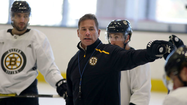 BOSTON - JANUARY 30: Boston Bruins head coach Bruce Cassidy coaches during practice at Warrior Ice Arena in Boston on Jan. 30, 2020.
