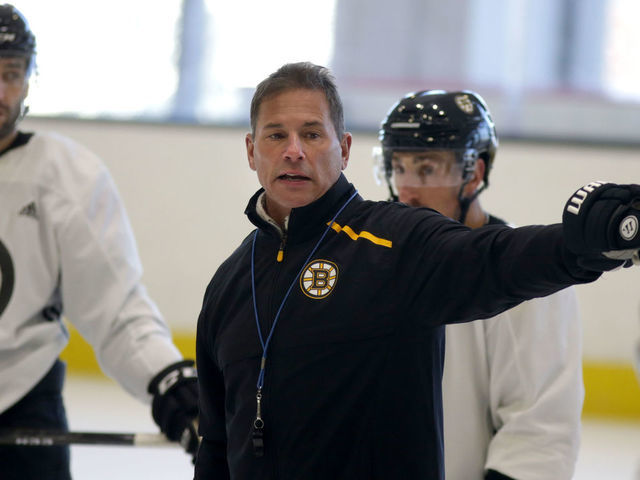 BOSTON - JANUARY 30: Boston Bruins head coach Bruce Cassidy coaches during practice at Warrior Ice Arena in Boston on Jan. 30, 2020.