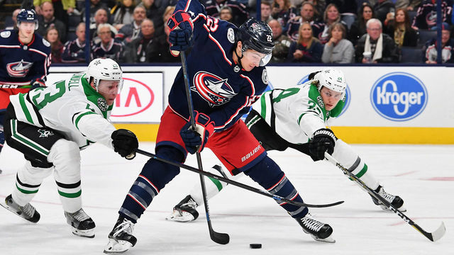 COLUMBUS, OH - OCTOBER 16: Sonny Milano #22 of the Columbus Blue Jackets skates against the Dallas Stars on October 16, 2019 at Nationwide Arena in Columbus, Ohio.