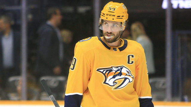 NASHVILLE, TN - JANUARY 16: Nashville Predators defenseman Roman Josi (59), of Switzerland, is shown at the conclusion of the NHL game between the Nashville Predators and Anaheim Ducks, held on January 16, 2020, at Bridgestone Arena in Nashville, Tennessee.