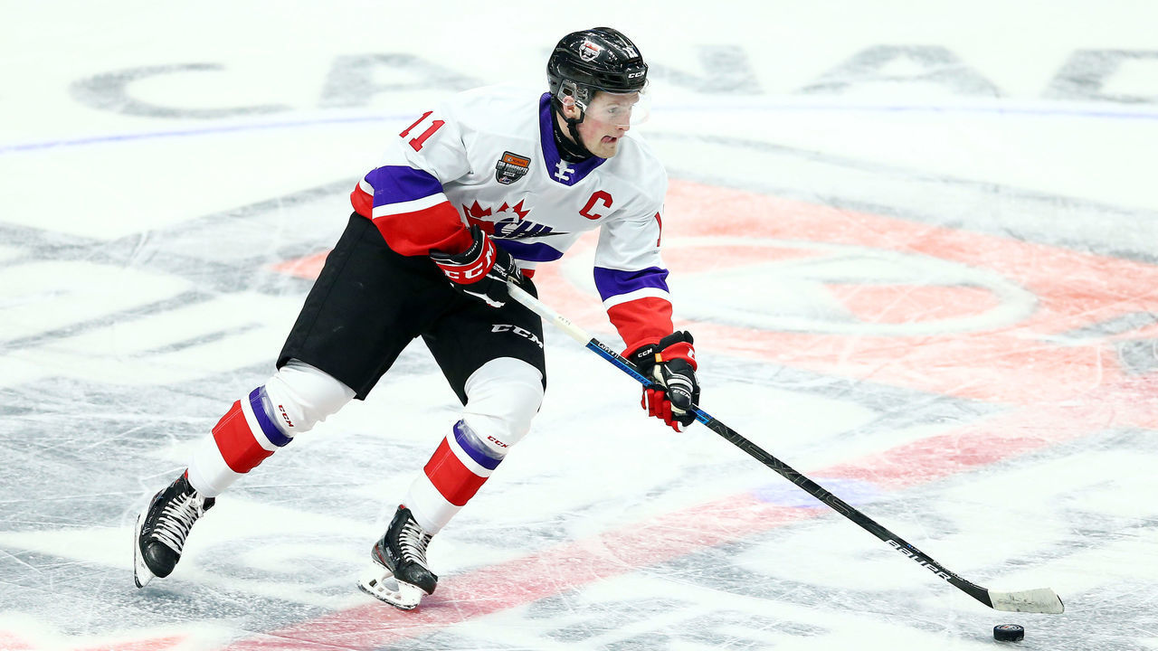 HAMILTON, ON - JANUARY 16: Alexis Lafreniere #11 of Team White skates with the puck during the first period of the 2020 CHL/NHL Top Prospects Game against Team Red at FirstOntario Centre on January 16, 2020 in Hamilton, Canada.