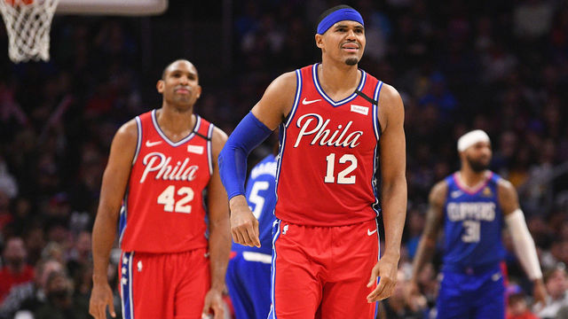 LOS ANGELES, CA - MARCH 01: Philadelphia 76ers Forward Tobias Harris (12) and Philadelphia 76ers Forward Al Horford (42) react to a turnover during a NBA game between the Philadelphia 76ers and the Los Angeles Clippers on March 1, 2020 at STAPLES Center in Los Angeles, CA.