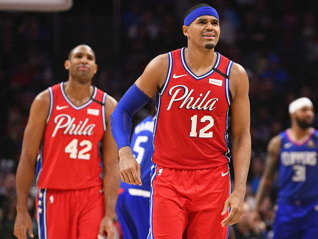 LOS ANGELES, CA - MARCH 01: Philadelphia 76ers Forward Tobias Harris (12) and Philadelphia 76ers Forward Al Horford (42) react to a turnover during a NBA game between the Philadelphia 76ers and the Los Angeles Clippers on March 1, 2020 at STAPLES Center in Los Angeles, CA.
