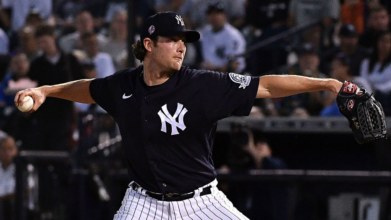 TAMPA, FLORIDA - FEBRUARY 24: Gerrit Cole #45 of the New York Yankees delivers a pitch in the first inning during the spring training game against the Pittsburgh Pirates at Steinbrenner Field on February 24, 2020 in Tampa, Florida.