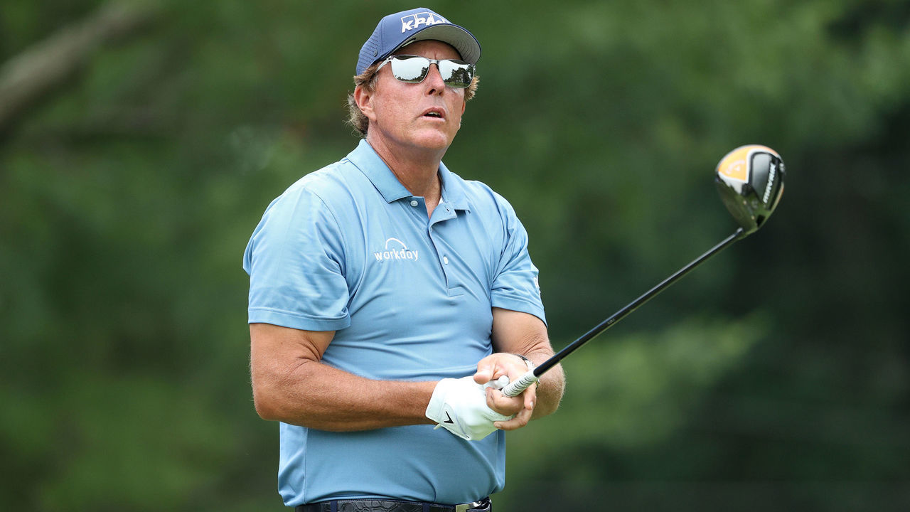 CROMWELL, CONNECTICUT - JUNE 27: Phil Mickelson of the United States plays his shot from the seventh tee during the third round of the Travelers Championship at TPC River Highlands on June 27, 2020 in Cromwell, Connecticut.