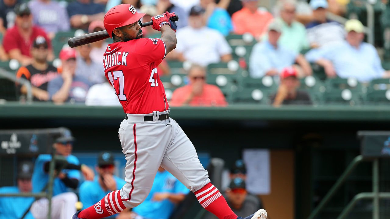 JUPITER, FL - MARCH 10: Howie Kendrick #47 of the Washington Nationals in action against the Miami Marlins during a spring training baseball game at Roger Dean Stadium on March 10, 2020 in Jupiter, Florida. The Marlins defeated the Nationals 3-2.