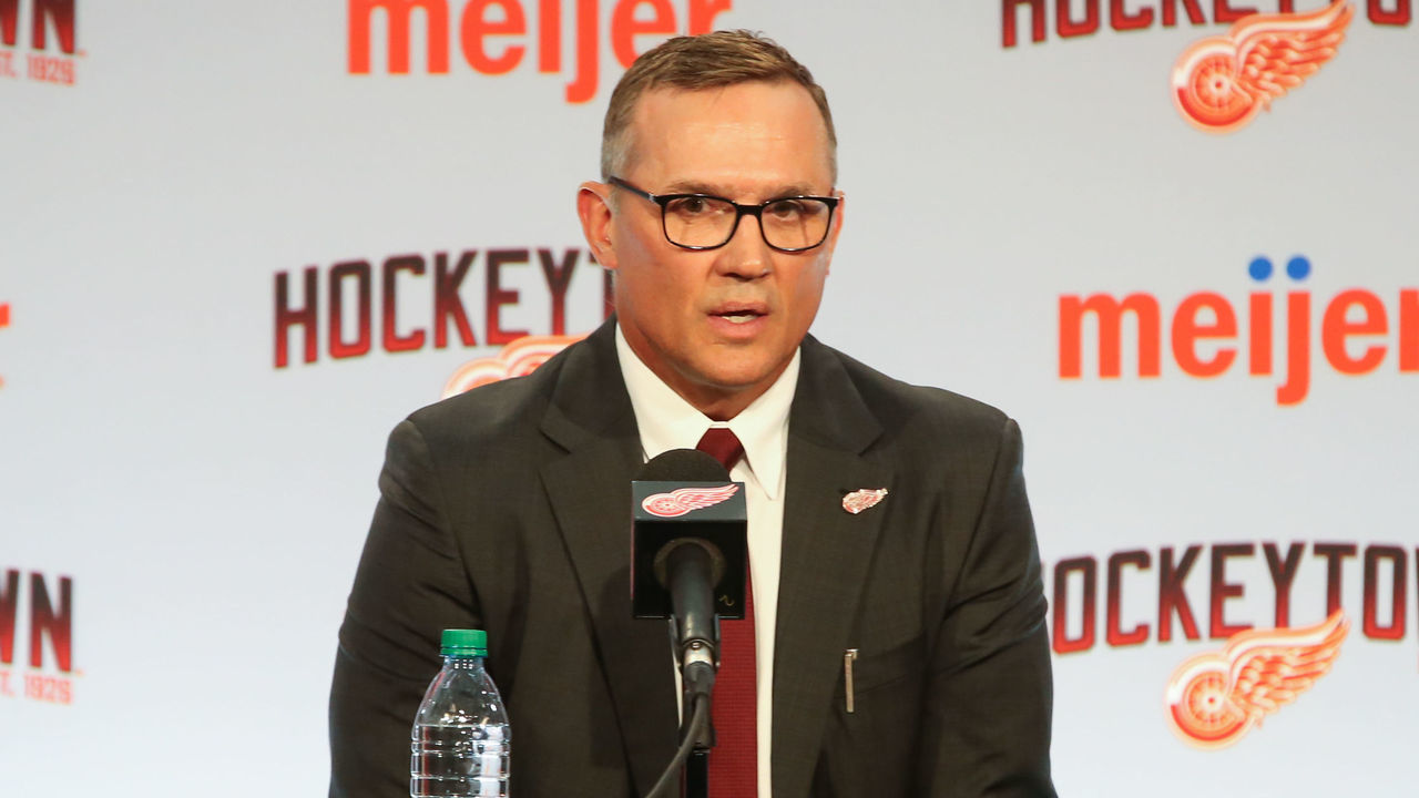 DETROIT, MI - APRIL 19: Steve Yzerman addresses members of the media during a press conference to introduce Steve Yzerman as the new Executive Vice President and General Manager responsible for all hockey operations and announce the promotion of Ken Holland to Senior Vice President on April 19, 2019, at Little Caesars Arena in Detroit, Michigan.