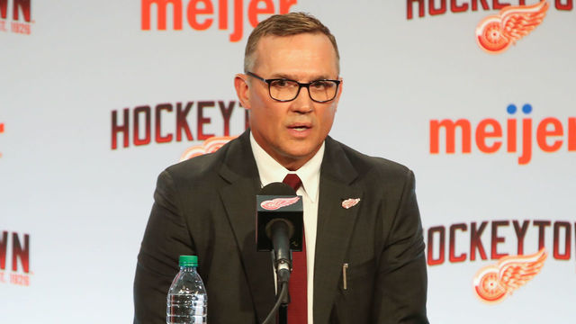 DETROIT, MI - APRIL 19: Steve Yzerman addresses members of the media during a press conference to introduce Steve Yzerman as the new Executive Vice President and General Manager responsible for all hockey operations and announce the promotion of Ken Holland to Senior Vice President on April 19, 2019, at Little Caesars Arena in Detroit, Michigan.