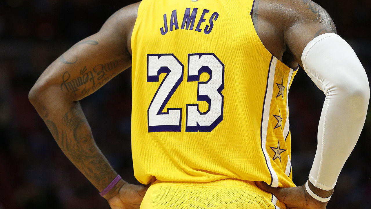 MIAMI, FLORIDA - DECEMBER 13: A detail of LeBron James #23 of the Los Angeles Lakers jersey against the Miami Heat during the second half at American Airlines Arena on December 13, 2019 in Miami, Florida. NOTE TO USER: User expressly acknowledges and agrees that, by downloading and/or using this photograph, user is consenting to the terms and conditions of the Getty Images License Agreement