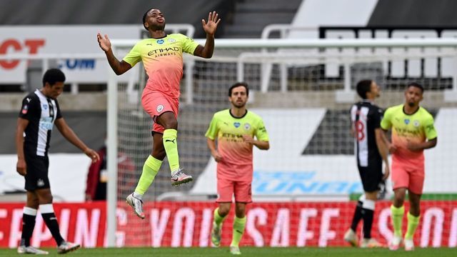 Manchester City's English midfielder Raheem Sterling (2nd L) celebrates scoring his team's second goal during the English FA Cup quarter-final football match between Newcastle United and Manchester City at St James' Park in Newcastle-upon-Tyne, north east England on June 28, 2020.