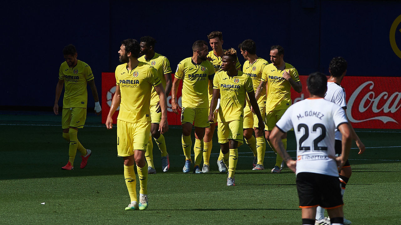 Villarreal players celebrates his second goal of Gerard Moreno during the la La Liga Santander mach between Villarreal CF and Valencia at La Ceramica Stadium, on June 28, 2020 in Vila-real, Spain