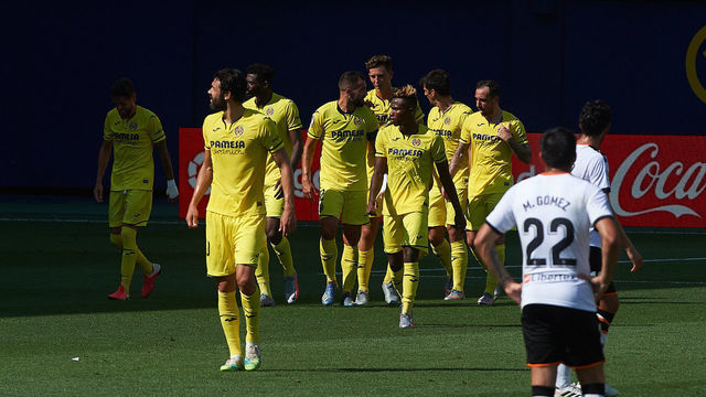 Villarreal players celebrates his second goal of Gerard Moreno during the la La Liga Santander mach between Villarreal CF and Valencia at La Ceramica Stadium, on June 28, 2020 in Vila-real, Spain