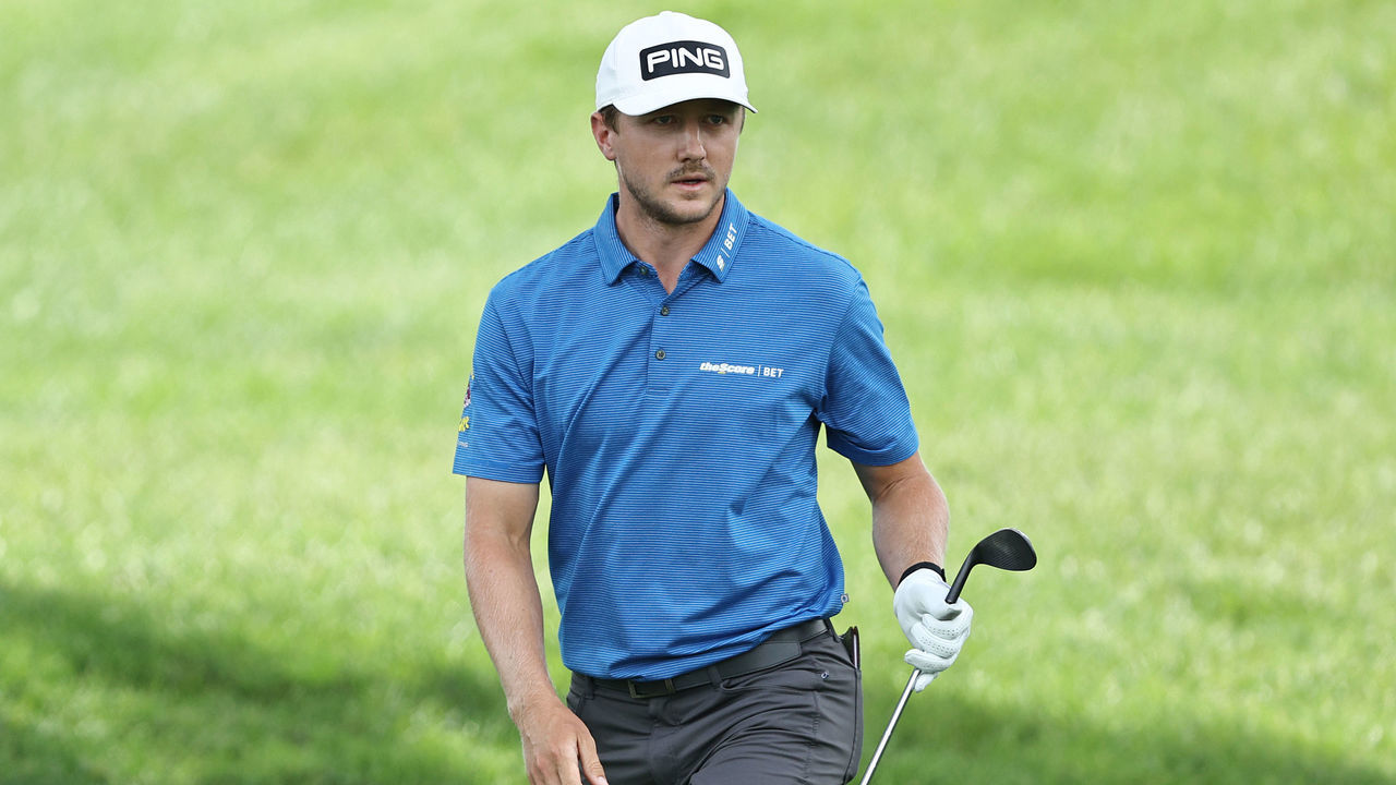 CROMWELL, CONNECTICUT - JUNE 27: Mackenzie Hughes of Canada reacts on the third hole during the third round of the Travelers Championship at TPC River Highlands on June 27, 2020 in Cromwell, Connecticut.