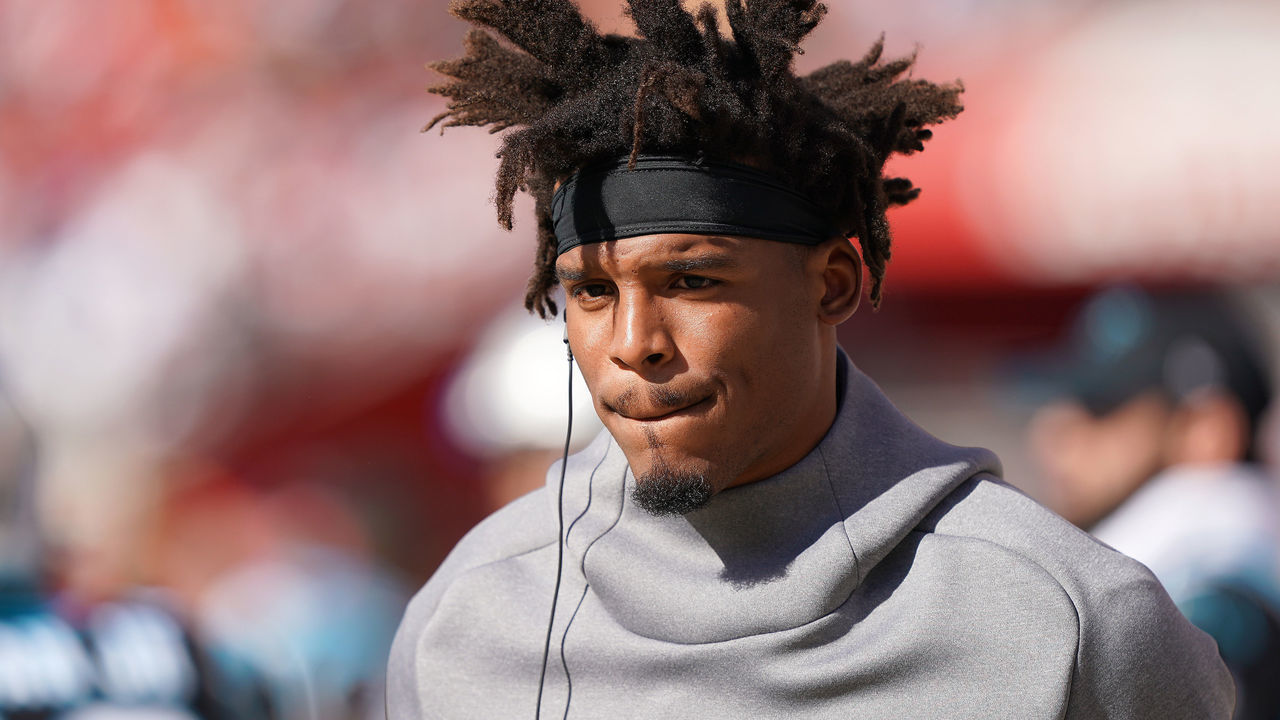SANTA CLARA, CALIFORNIA - OCTOBER 27: Cam Newton #1 of the Carolina Panthers looks on from the sidelines against the San Francisco 49ers during an NFL football game at Levi's Stadium on October 27, 2019 in Santa Clara, California.