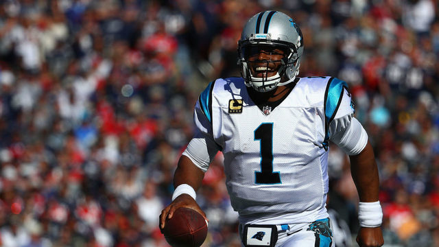 FOXBORO, MA - OCTOBER 01: Cam Newton #1 of the Carolina Panthers reacts during the fourth quarter against the New England Patriots at Gillette Stadium on October 1, 2017 in Foxboro, Massachusetts.