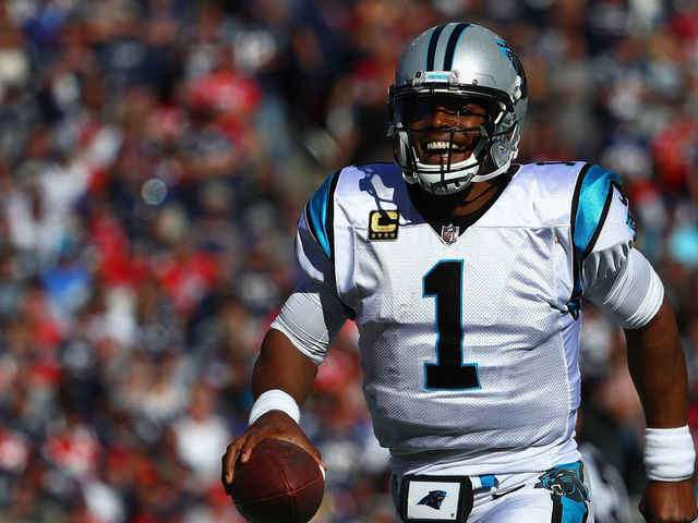 FOXBORO, MA - OCTOBER 01: Cam Newton #1 of the Carolina Panthers reacts during the fourth quarter against the New England Patriots at Gillette Stadium on October 1, 2017 in Foxboro, Massachusetts.