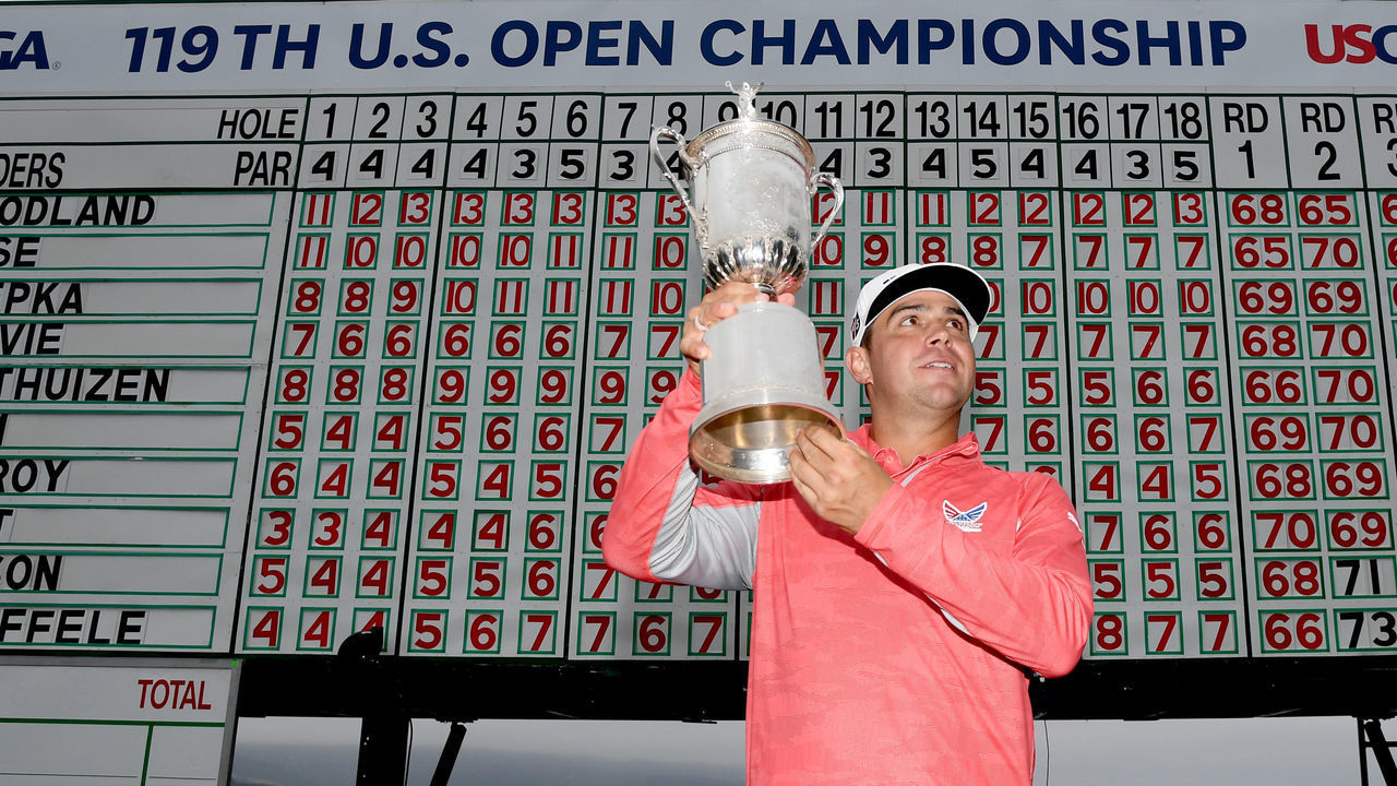 PEBBLE BEACH, CALIFORNIA - JUNE 16: Gary Woodland of the United States poses with the trophy after winning the 2019 U.S. Open at Pebble Beach Golf Links on June 16, 2019 in Pebble Beach, California.