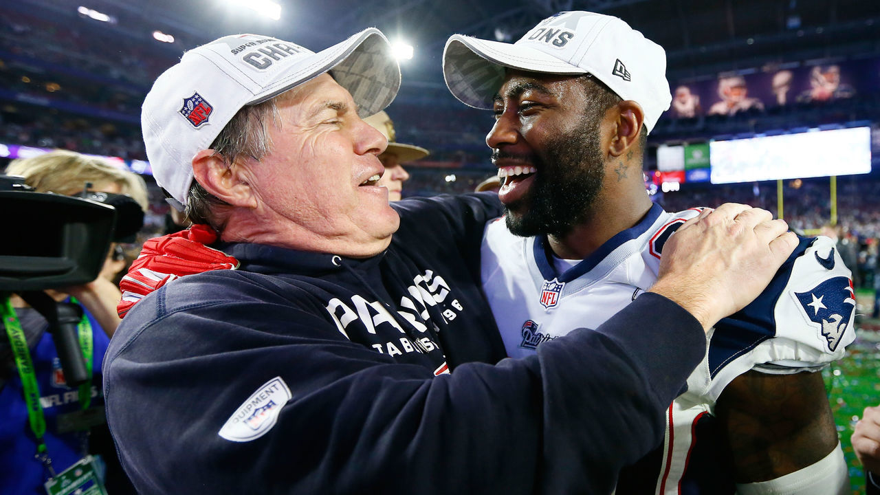 GLENDALE, AZ - FEBRUARY 01: Head coach Bill Belichick of the New England Patriots celebrates with Darrelle Revis #24 after defeating the Seattle Seahawks during Super Bowl XLIX at University of Phoenix Stadium on February 1, 2015 in Glendale, Arizona. The Patriots defeated the Seahawks 28-24.
