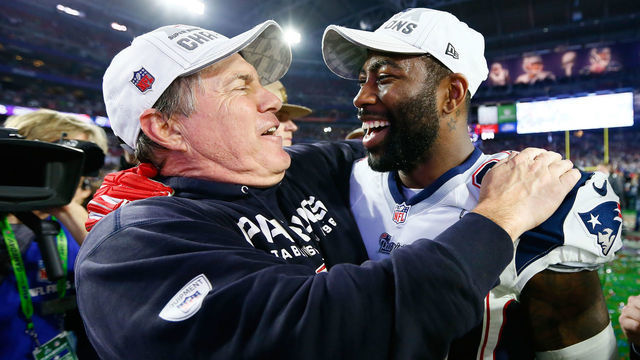 GLENDALE, AZ - FEBRUARY 01: Head coach Bill Belichick of the New England Patriots celebrates with Darrelle Revis #24 after defeating the Seattle Seahawks during Super Bowl XLIX at University of Phoenix Stadium on February 1, 2015 in Glendale, Arizona. The Patriots defeated the Seahawks 28-24.