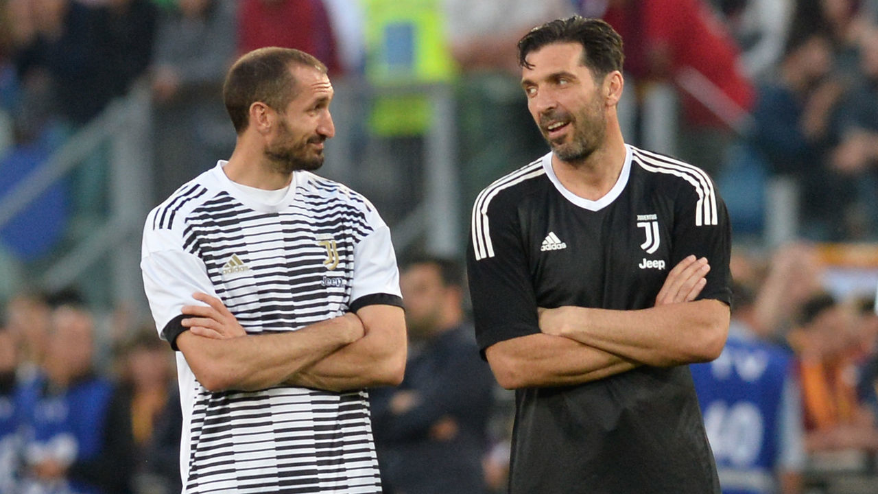 Gianluigi Buffon, Giorgio Chiellini during the Italian Serie A football match between A.S. Roma and FC Juventus at the Olympic Stadium in Rome, on may 13, 2018.