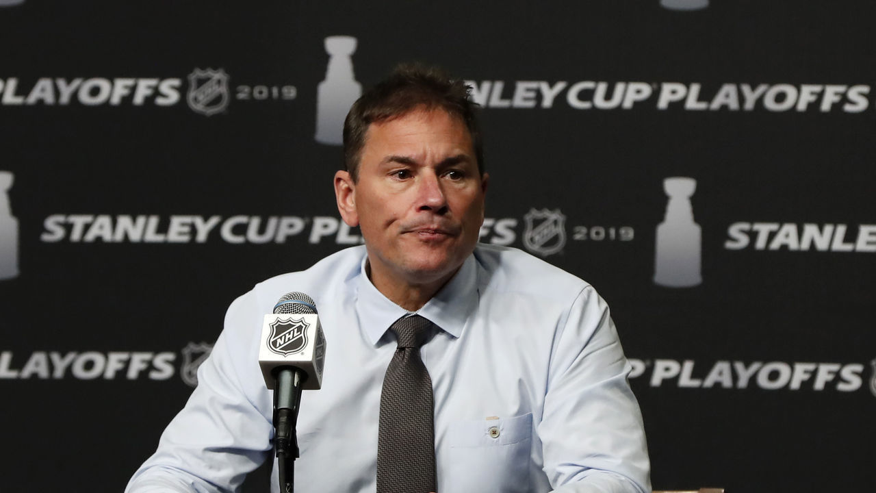 BOSTON, MA - APRIL 23: Boston Bruins head coach Bruce Cassidy listens to a question after Game 7 of the 2019 First Round Stanley Cup Playoffs between the Boston Bruins and the Toronto Maple Leafs on April 23, 2019, at TD Garden in Boston, Massachusetts.